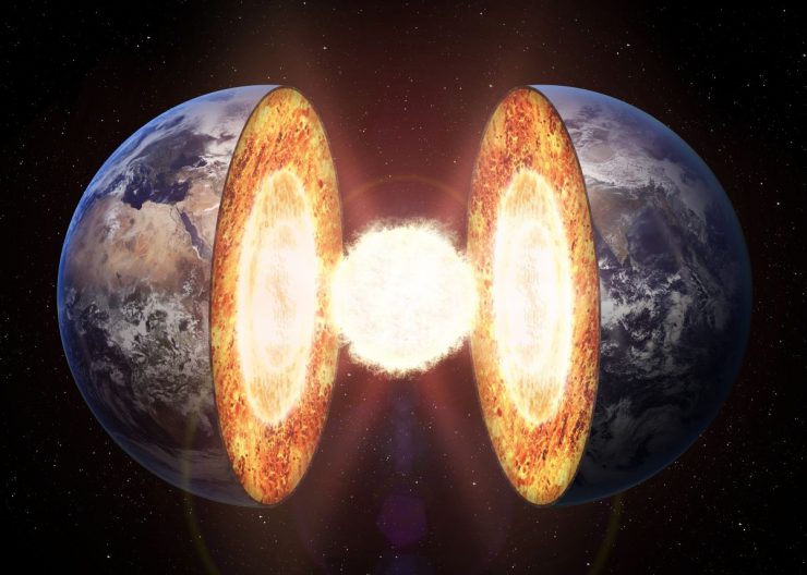 An image showing the Earth split in two, with a representation of energy coming from the centre
